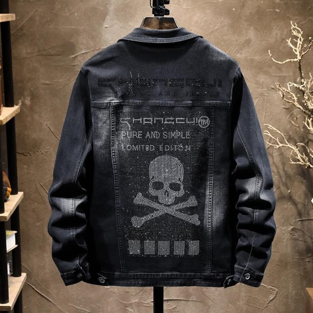 European and american street hot rhinestone skull jean jacket (1)