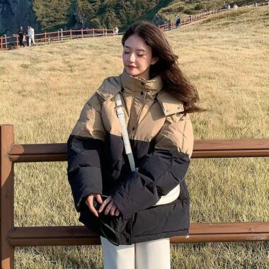 Custom Korean colorblock women’s puffer jackets