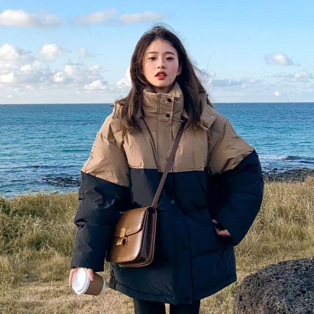 Custom Korean colorblock women’s puffer jackets