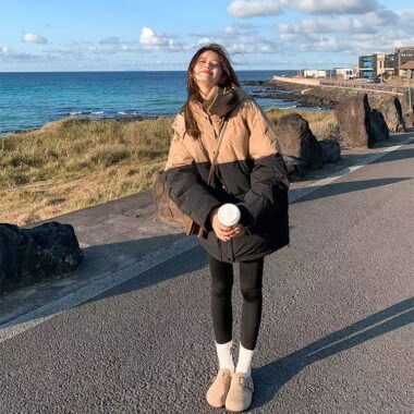 Custom Korean colorblock women’s puffer jackets