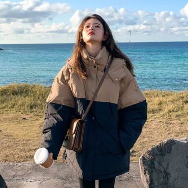 Custom Korean colorblock women’s puffer jackets