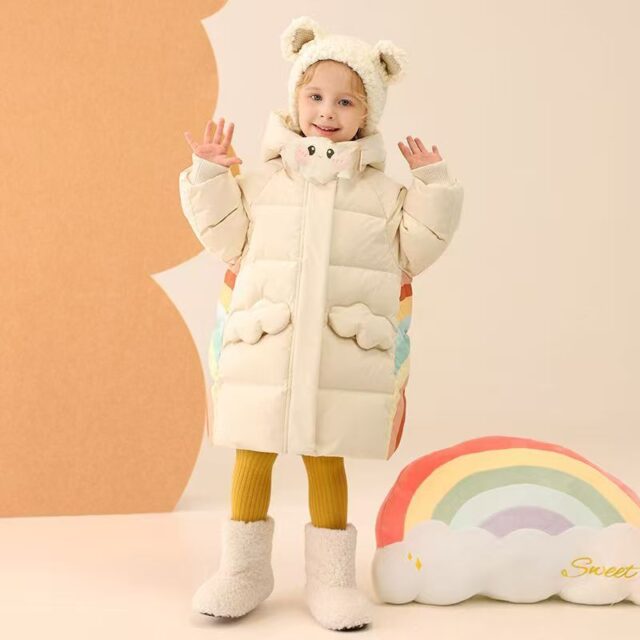 Cute warm mid-length girls kids puffer jackets