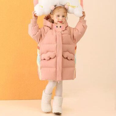 Cute warm mid-length girls kids puffer jackets