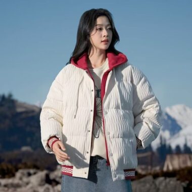 Layered hooded colorblock women puffer jackets
