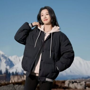 Layered hooded colorblock women puffer jackets