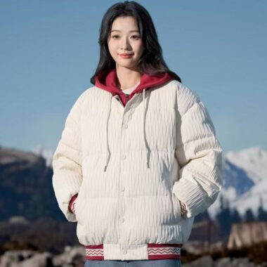 Layered hooded colorblock women puffer jackets