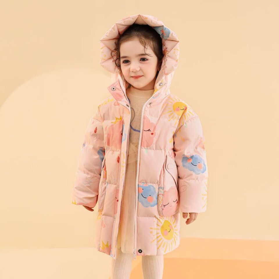 Thick warm mid-length girls kids puffer jackets
