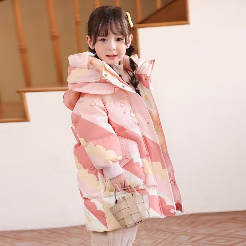 Thick warm mid-length girls kids puffer jackets