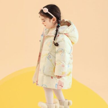 Thick warm mid-length girls kids puffer jackets