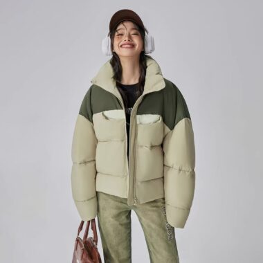Winter stand collar colorblock women puffer jackets