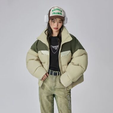 Winter stand collar colorblock women puffer jackets