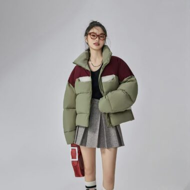 Winter stand collar colorblock women puffer jackets