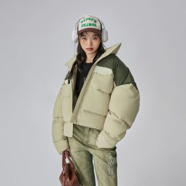 Winter stand collar colorblock women puffer jackets