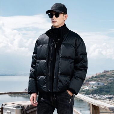 Knitted stand collar patchwork thick short men’s puffer jackets