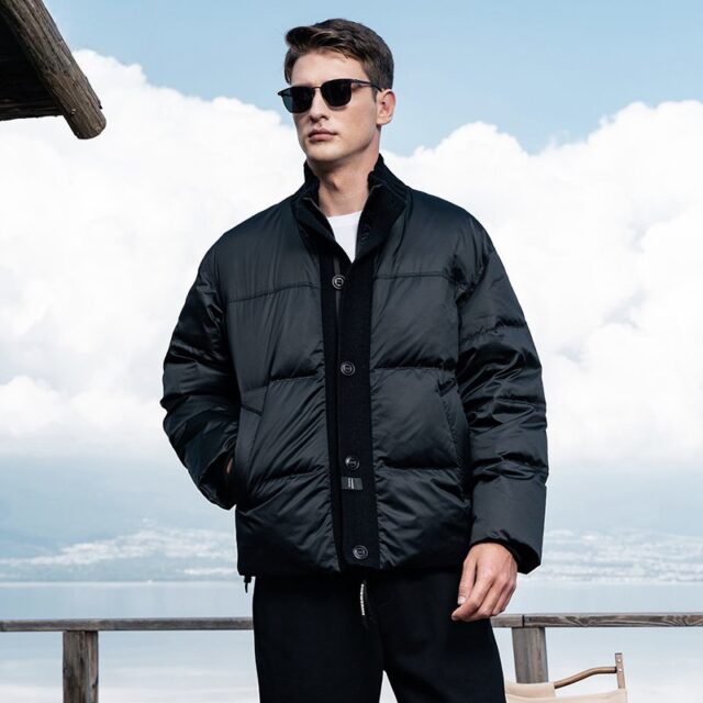 Knitted stand collar patchwork thick short men’s puffer jackets