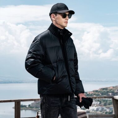 Knitted stand collar patchwork thick short men’s puffer jackets