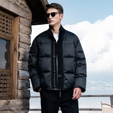 Knitted stand collar patchwork thick short men’s puffer jackets