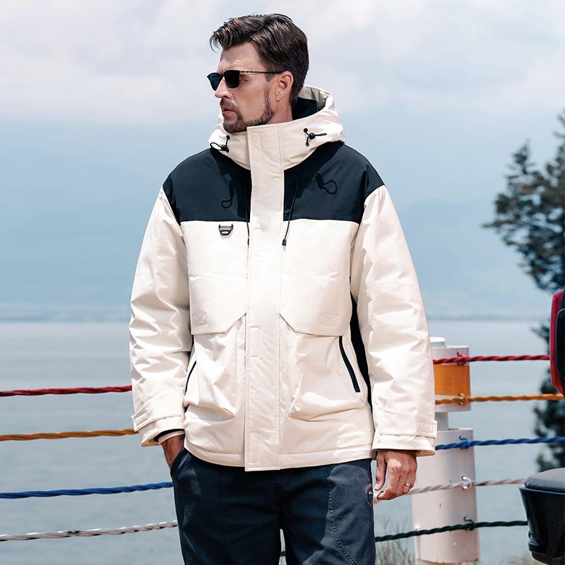 Winter outdoor color block hooded warm men’s puffer jackets