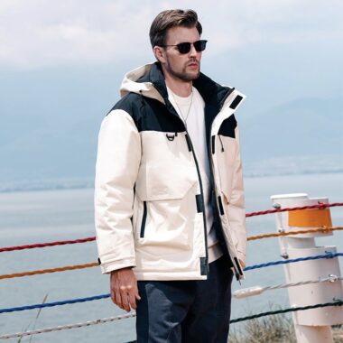 Winter outdoor color block hooded warm men’s puffer jackets