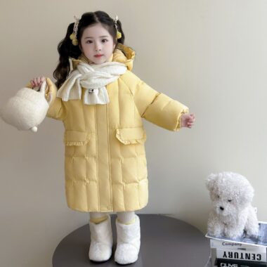 Winter mid-length yellow warm girls kids puffer jackets