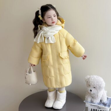 Winter mid-length yellow warm girls kids puffer jackets