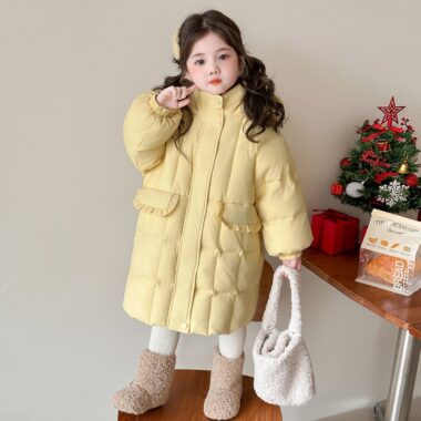 Winter mid-length yellow warm girls kids puffer jackets