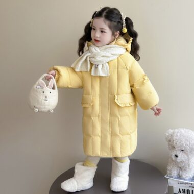 Winter mid-length yellow warm girls kids puffer jackets