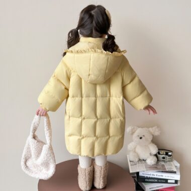 Winter mid-length yellow warm girls kids puffer jackets