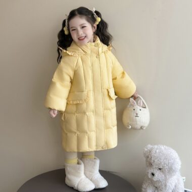 Winter mid-length yellow warm girls kids puffer jackets
