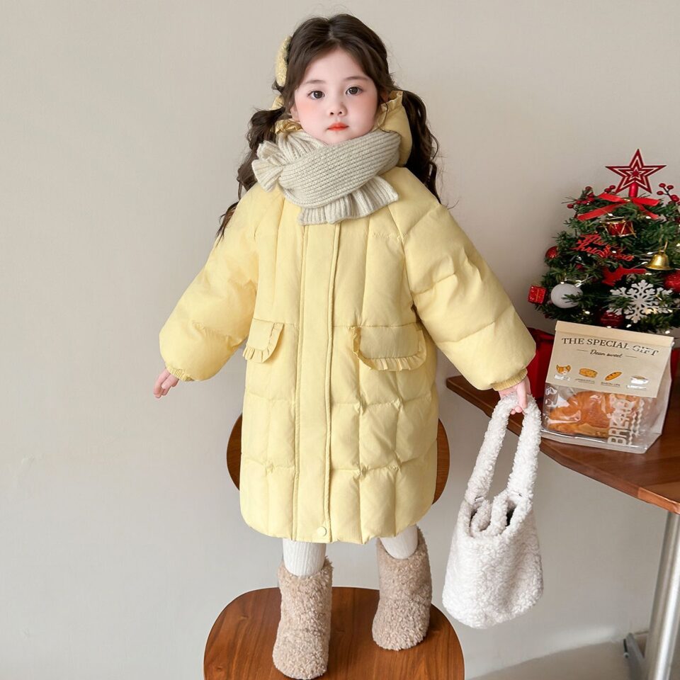 Winter mid-length yellow warm girls kids puffer jackets
