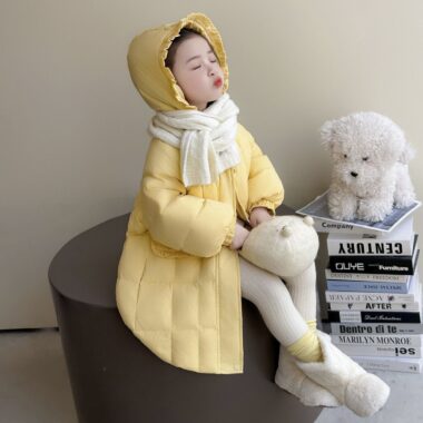 Winter mid-length yellow warm girls kids puffer jackets